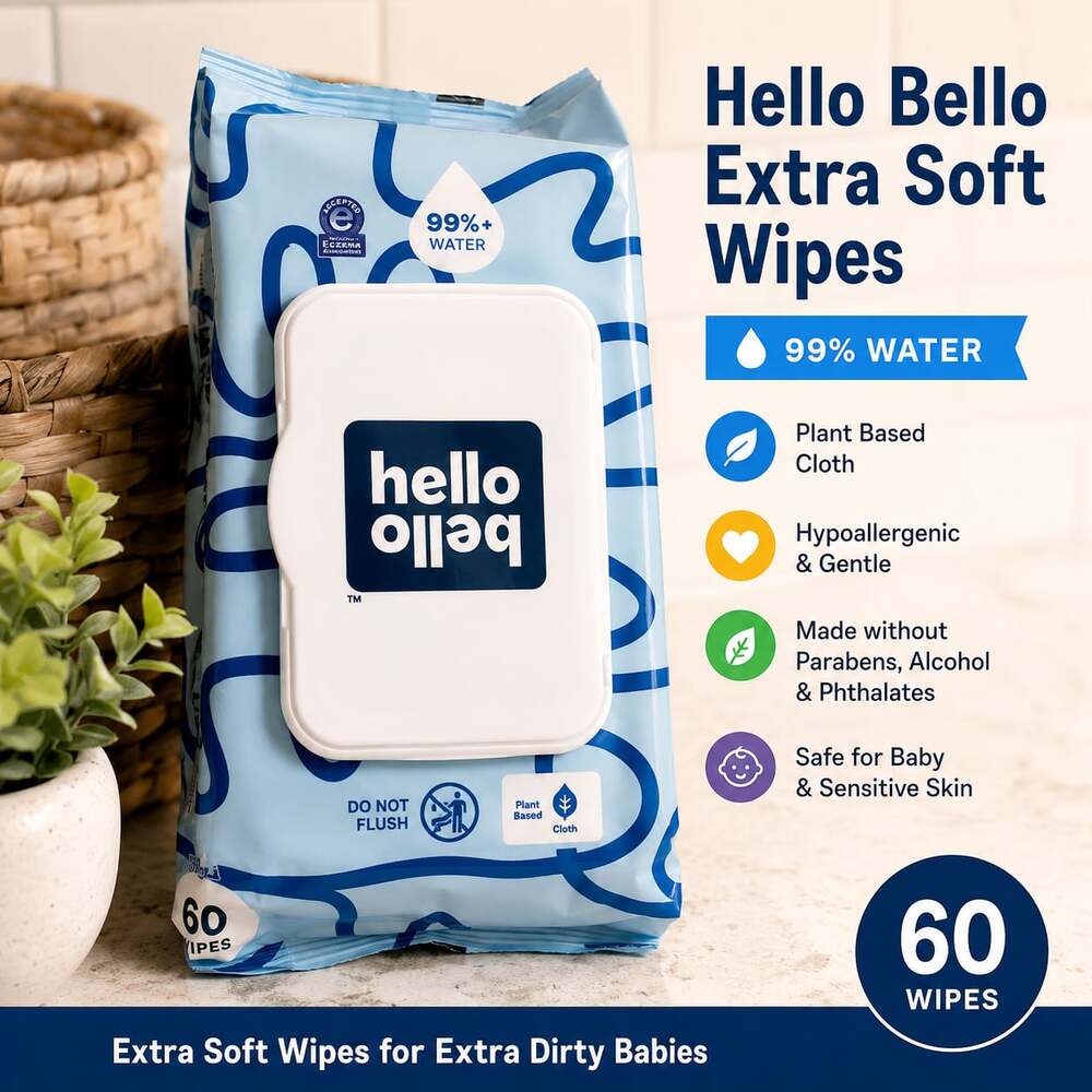 NEW Hello Bello Extra Soft Baby Wipes 60 Count | 99% Water | Plant-Based & Hypoa